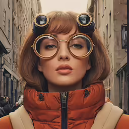 a woman wearing round glasses in an alley