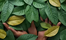 green leaves, with two hands touching the leaves