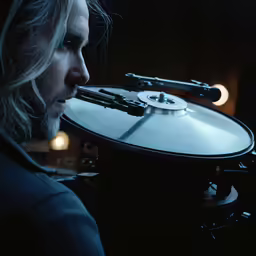 a man holding a turntable in front of a record player