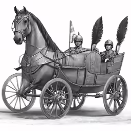 a horse pulling a wooden cart with two people