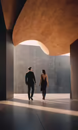 two people walking towards an open, high ceilinged room
