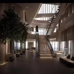 an elegant staircase leading up to a second story