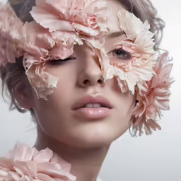 a woman with pink flowers over her eyes