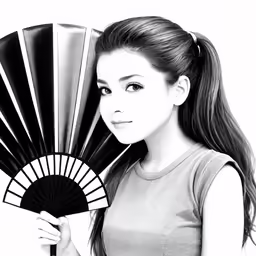 black and white drawing of a young woman holding a fan