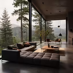 a room with a couch and several large windows