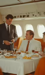 passengers sitting around a table and eating food