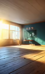 a living room scene with the sun shining down on the wooden floor