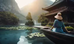 woman with floppy hat sitting on edge of water with boat