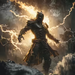 a man in armor is surrounded by lightning