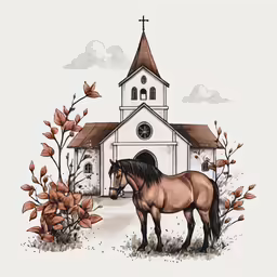 a brown horse standing in front of a white building