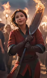 the actress is dressed up as merida holding a sword