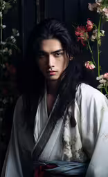 a young man with long black hair standing next to flowers,an oriental man wearing a kimono sits in front of some flowers