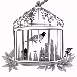 birds are in their cages hanging from trees,a bird in the cage with two birds,a bird in a cage with two birds inside it,drawing of bird in a cage with two birds outside,a bird is in a cage and birds are on the other side