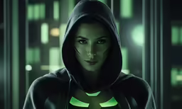 the alien woman is dressed in black and is posing for the camera