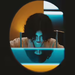 an artistic photograph shows a woman smiling and peeking into the camera