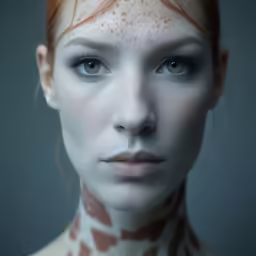 the woman with all over make up and body paint has freckles of red hair