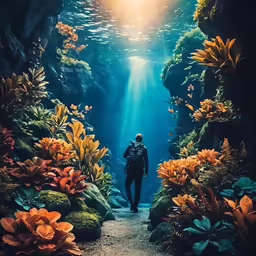 a man in a wet suit, walking into a deep blue water covered cave