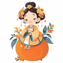 an oriental girl sits on top of an orange vase