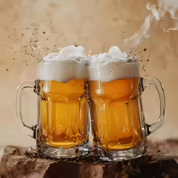 two glasses of beer are sitting on a rock