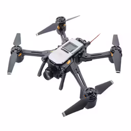 a small black and white quad with propellers