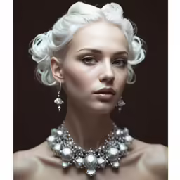 a woman wearing pearls and a large necklace