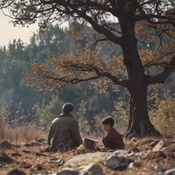 the man is sitting by the tree and watching the child read