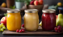 three different colored jars of different varieties of fruit