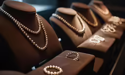 several necklaces on display in brown leather cases
