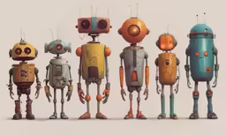 a line up of cute little robot with different expressions