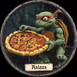 a pizza with a teenage mutant like character is in front of the picture of the tortilla and the word palazs on the front