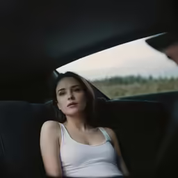 a young woman sits inside her car while talking to someone