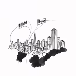 a drawing of a cityscape with boom signs above it