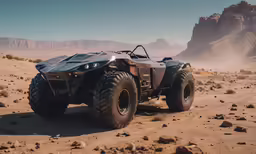 a four wheeler vehicle driving through a rocky desert