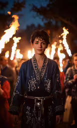 a young woman dressed in an oriental robe standing in front of flames