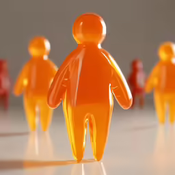 an orange glass figure with a red one standing out