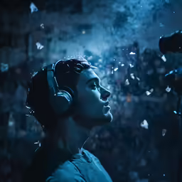 man with headphones looking off into the distance in front of a microphone