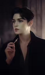 a woman in a black shirt smoking and looking at something on her lip