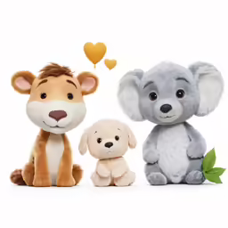 several stuffed animals including one elephant, a monkey and another dog