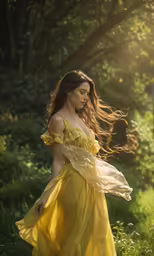 a young woman in a long yellow dress in a park