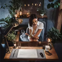the woman sits at the table and looks down at her phone