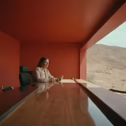 a person sitting at a table in an office