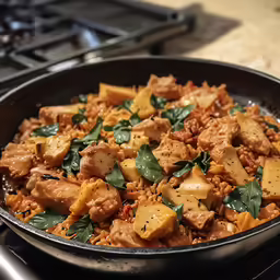 a pan filled with food next to a stove