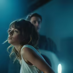 two people in the background looking into a mirror