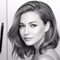 woman with light brown hair posing in front of her photo