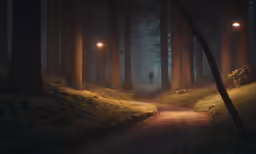 a person is walking down a path in a forest