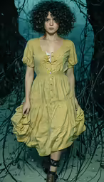 a woman in a yellow dress standing on a white background