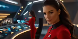 a woman standing in a space station room