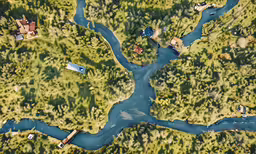 an aerial view of a river and its surroundings
