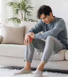 a man sits on a couch, wearing slippers
