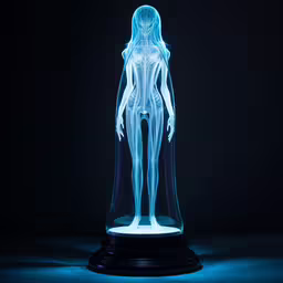 there is a blue glowing female figure in this figure,a glowing female figure in a glass case